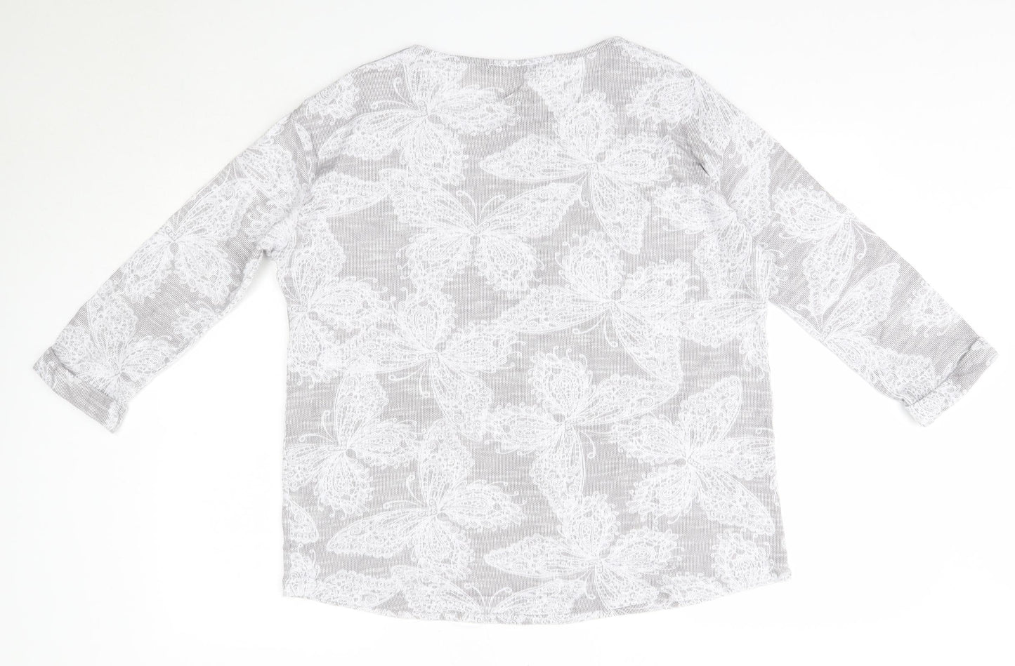 BM Casual Womens Grey Round Neck Floral Polyester Pullover Jumper Size 18
