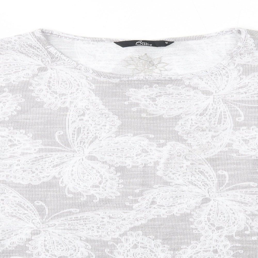 BM Casual Womens Grey Round Neck Floral Polyester Pullover Jumper Size 18