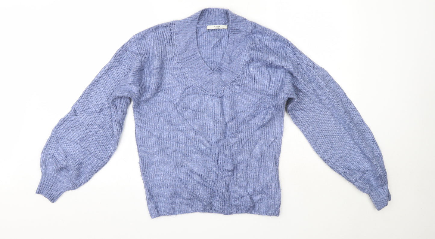 George Womens Blue V-Neck  Acrylic Pullover Jumper Size S