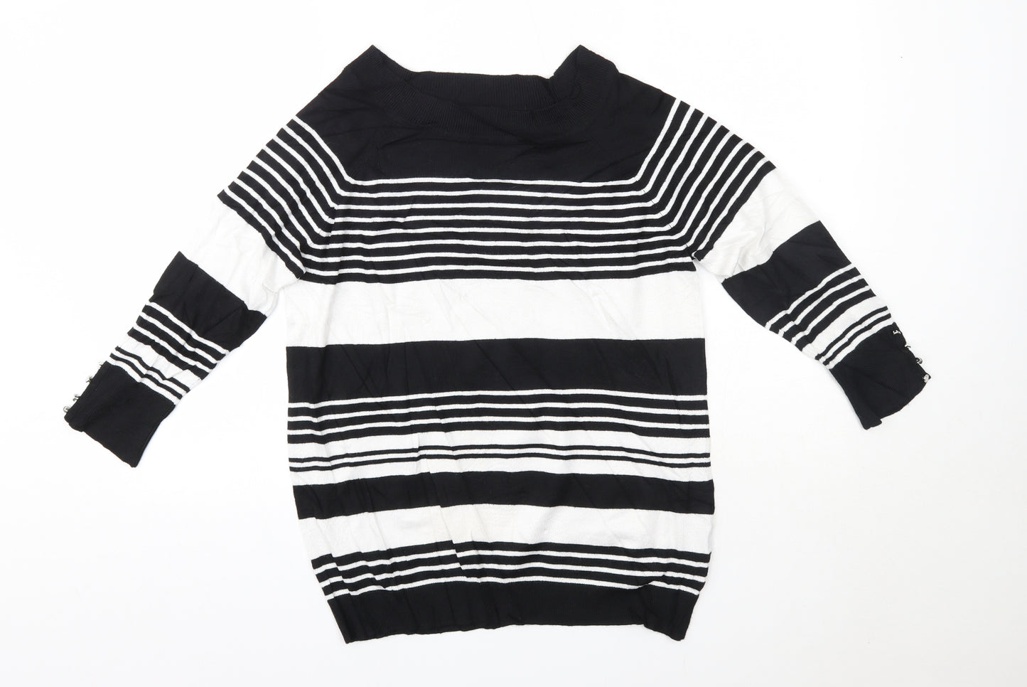 F&F Womens Black Round Neck Striped Viscose Pullover Jumper Size 14
