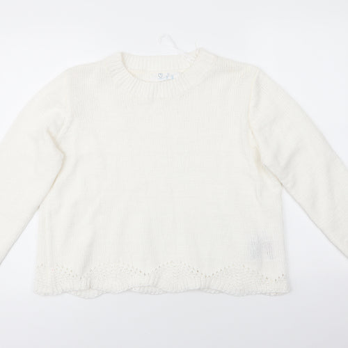 Primark Womens White Round Neck  Polyester Pullover Jumper Size L   - Scalloped Hemline