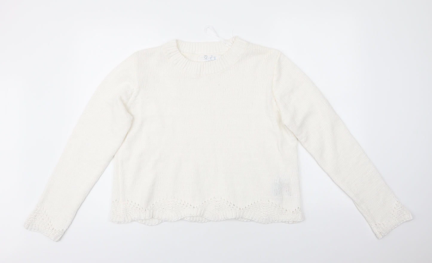 Primark Womens White Round Neck  Polyester Pullover Jumper Size L   - Scalloped Hemline