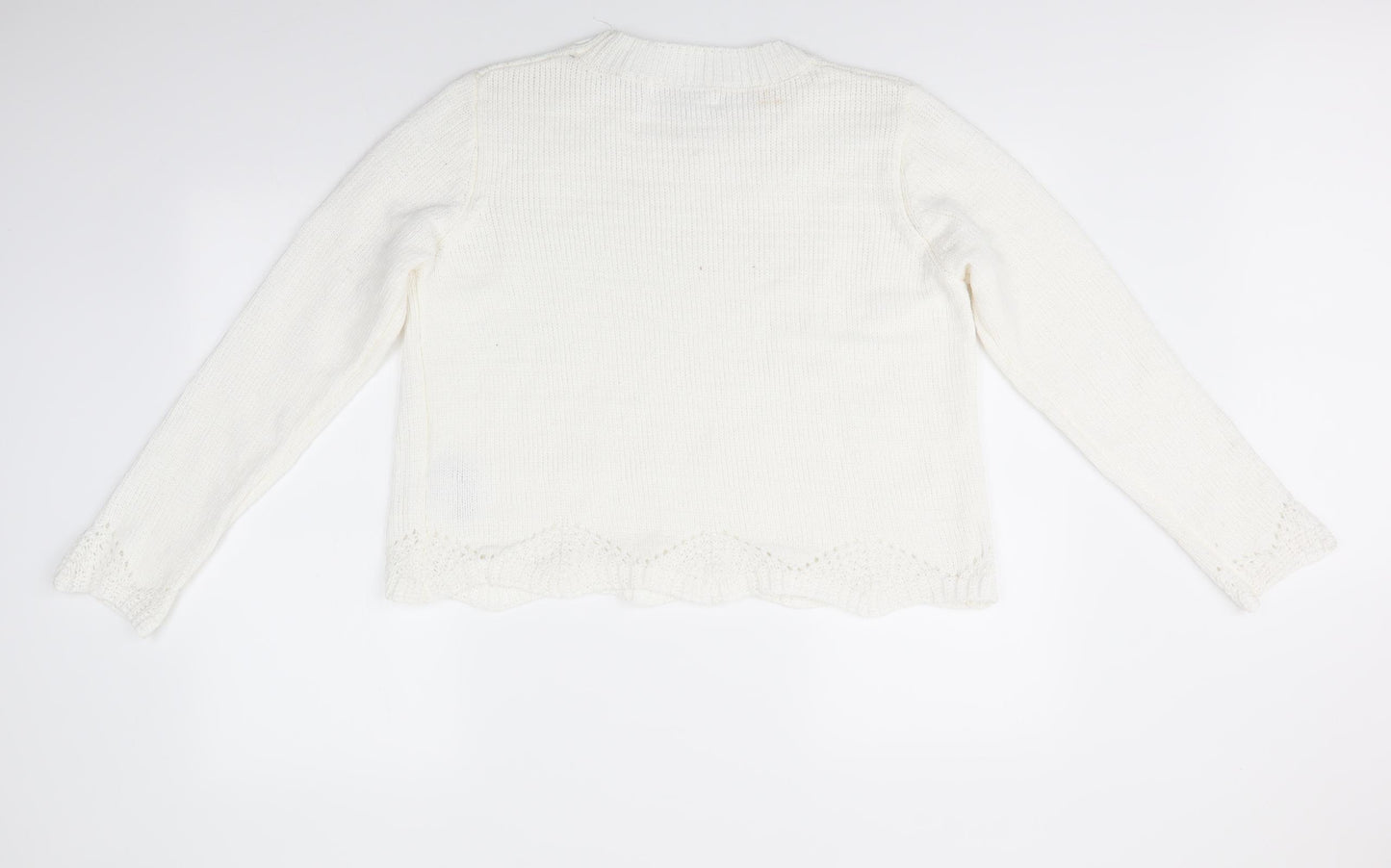 Primark Womens White Round Neck  Polyester Pullover Jumper Size L   - Scalloped Hemline