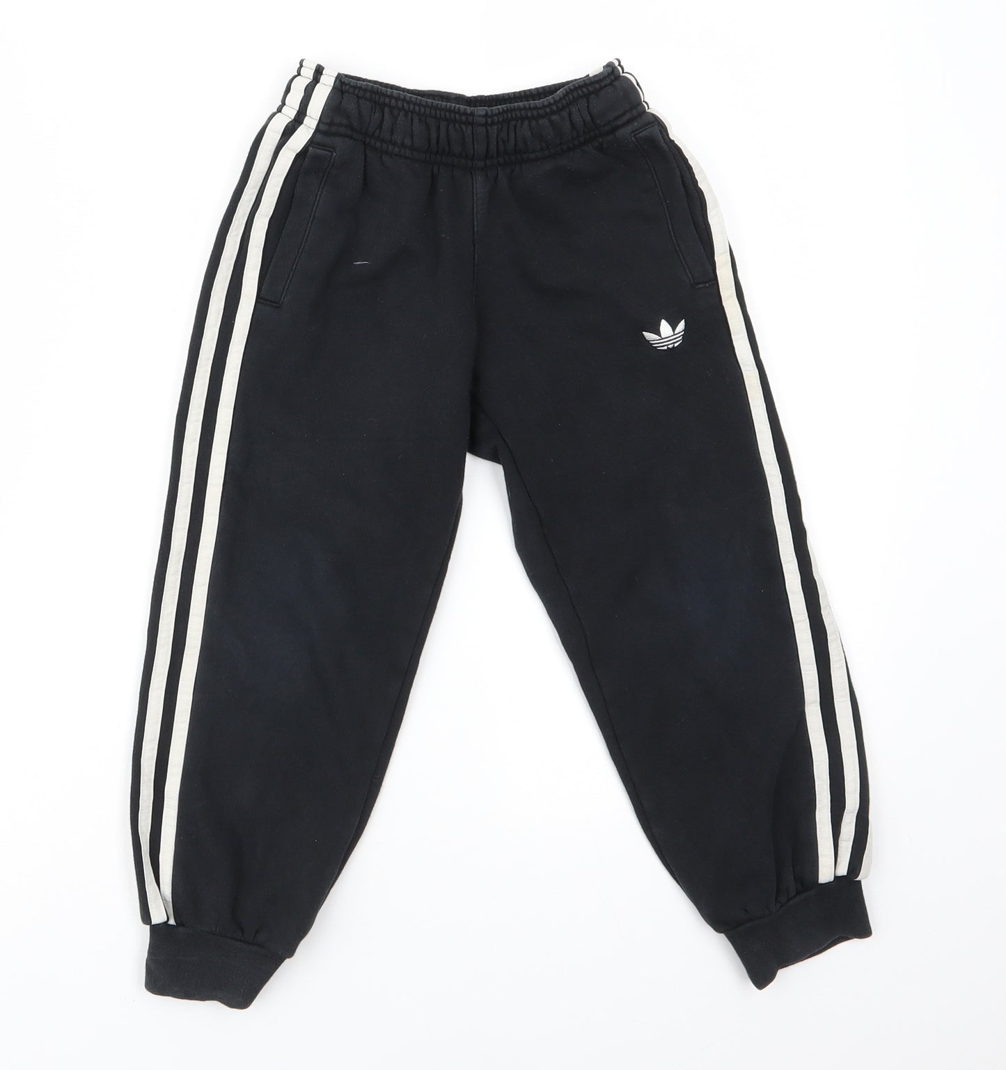 adidas Boys Black  Cotton Jogger Trousers Size 5-6 Years  Regular Drawstring - White Seam Stripe