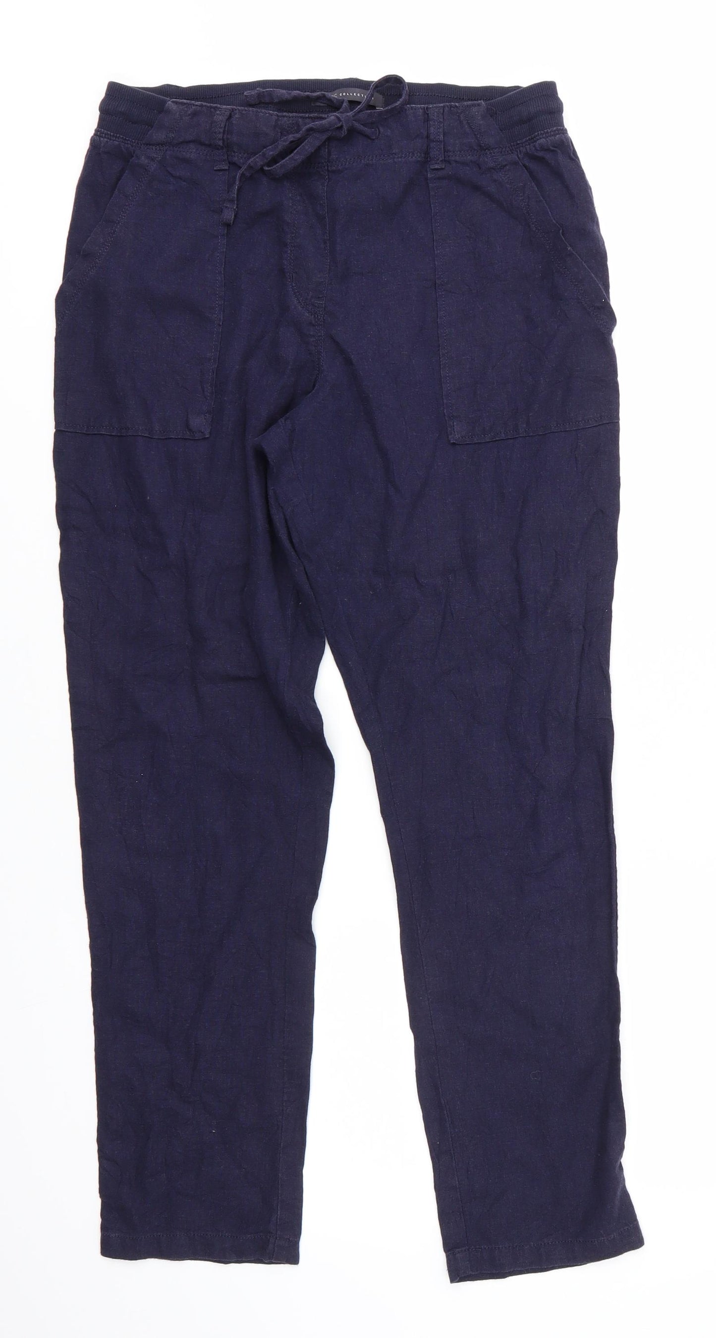 Marks and Spencer Womens Blue  Linen Trousers  Size 10 L28 in Regular Drawstring - Linen Look Back Elastication Navy Blue