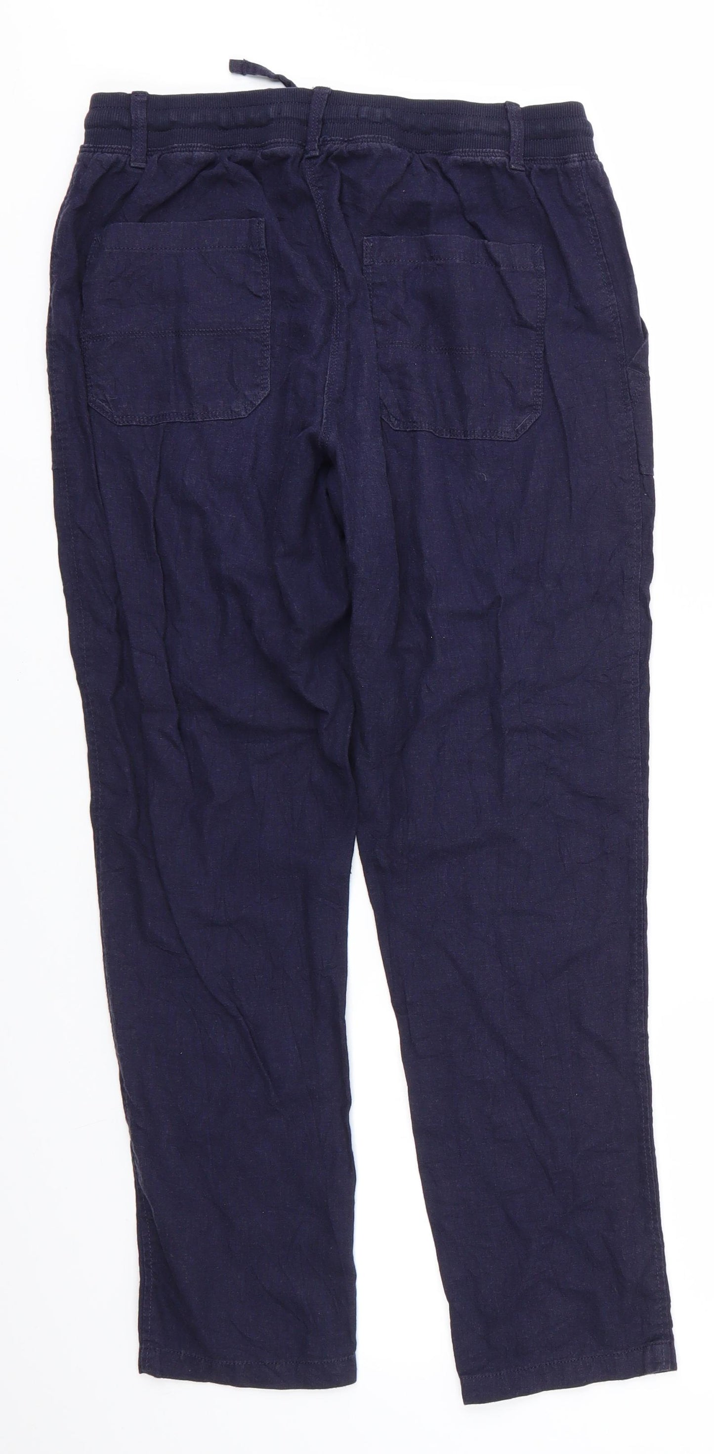 Marks and Spencer Womens Blue  Linen Trousers  Size 10 L28 in Regular Drawstring - Linen Look Back Elastication Navy Blue