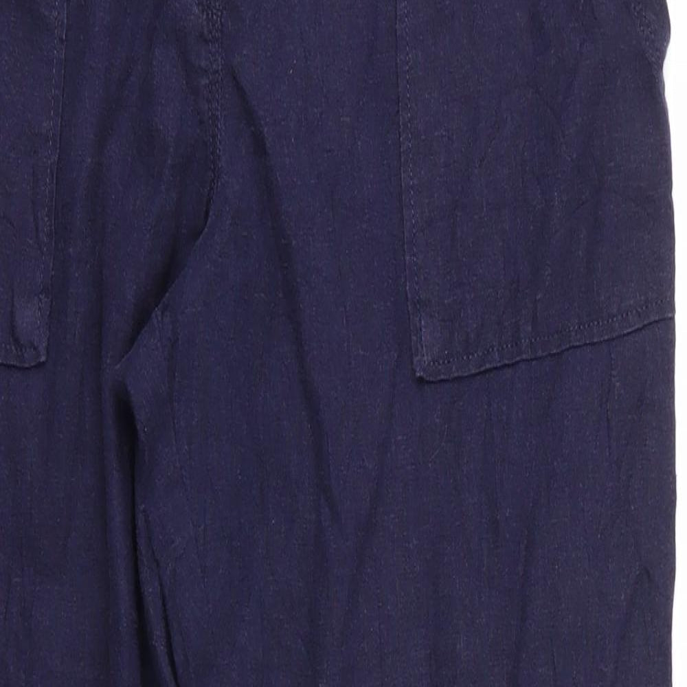 Marks and Spencer Womens Blue  Linen Trousers  Size 10 L28 in Regular Drawstring - Linen Look Back Elastication Navy Blue