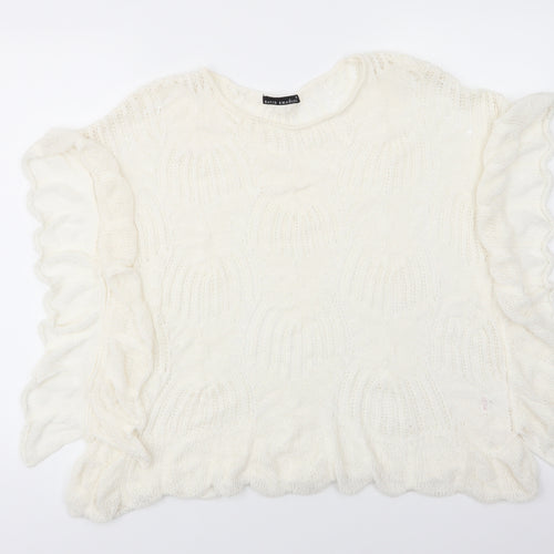 David Emanuel Womens Ivory Round Neck  Acrylic Pullover Jumper Size M   - Lace Like knit Ruffled edges