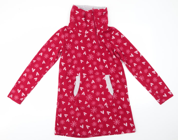 Avon Womens Red Geometric Polyester Nightshirt Size 6 Zip - Snowflake & heart print Henley Front Pocket
