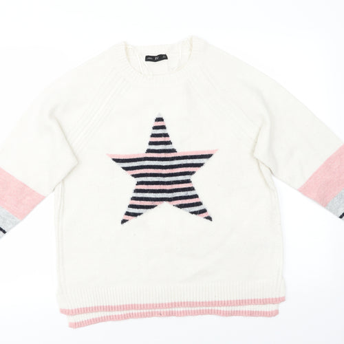 Florence and Fred Womens Ivory Round Neck  Polyester Pullover Jumper Size 10   - Pink Grey Blue Striped Star Design