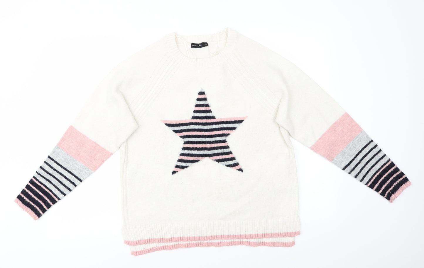 Florence and Fred Womens Ivory Round Neck  Polyester Pullover Jumper Size 10   - Pink Grey Blue Striped Star Design