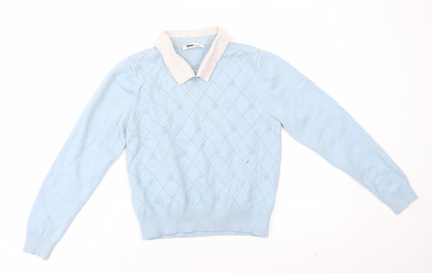 iEF Womens Blue Collared Argyle/Diamond  Pullover Jumper    - Pale Blue with White Collar