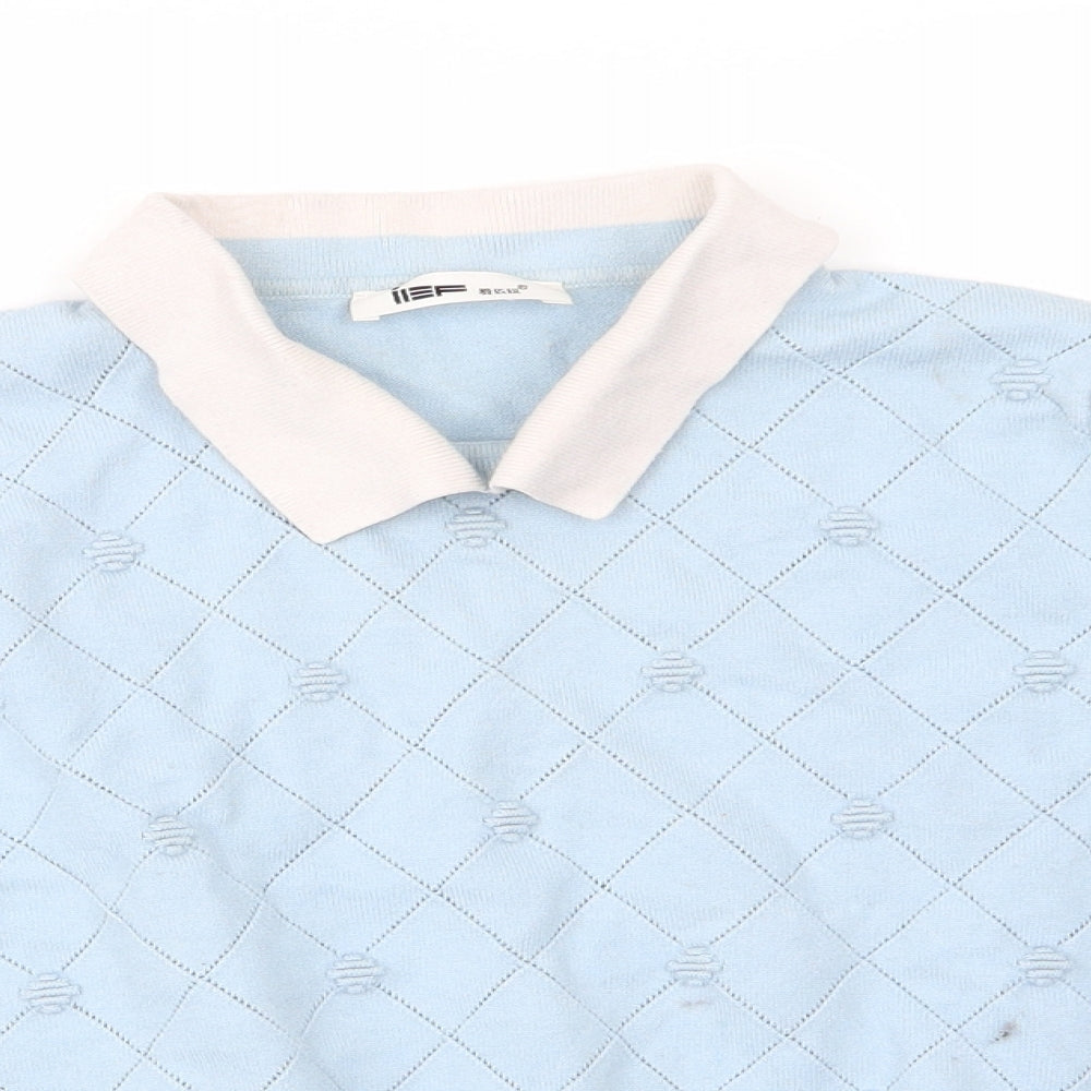 iEF Womens Blue Collared Argyle/Diamond  Pullover Jumper    - Pale Blue with White Collar