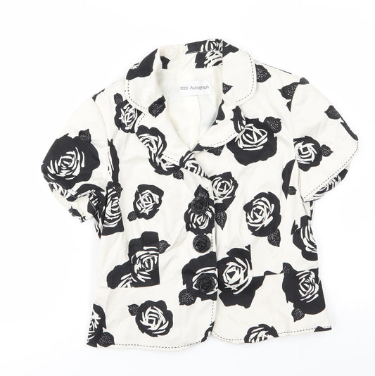 Front view of Autograph women’s ivory floral jacket, button - black rose print blouse style jacket top stitching details