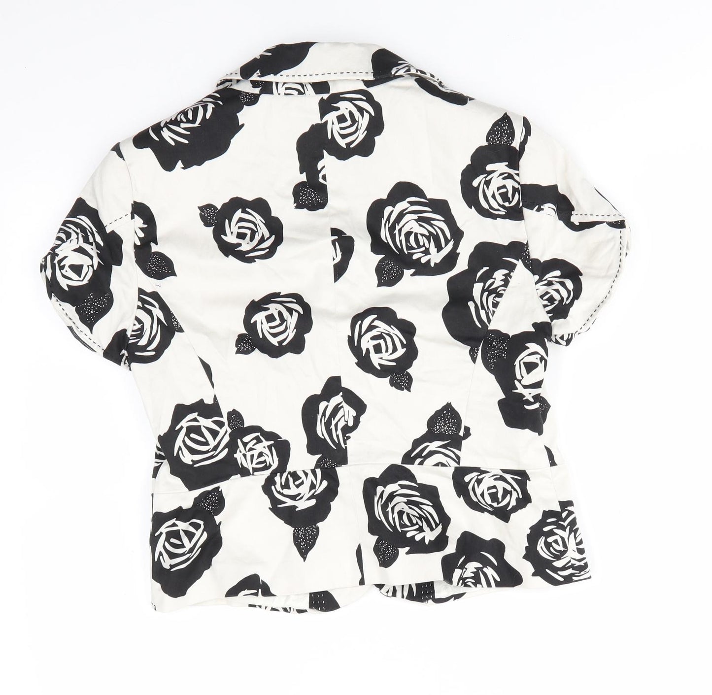 Autograph Womens Ivory Floral  Jacket  Size 12  Button - Black rose print Blouse style jacket Top stitching details Large flower buttons