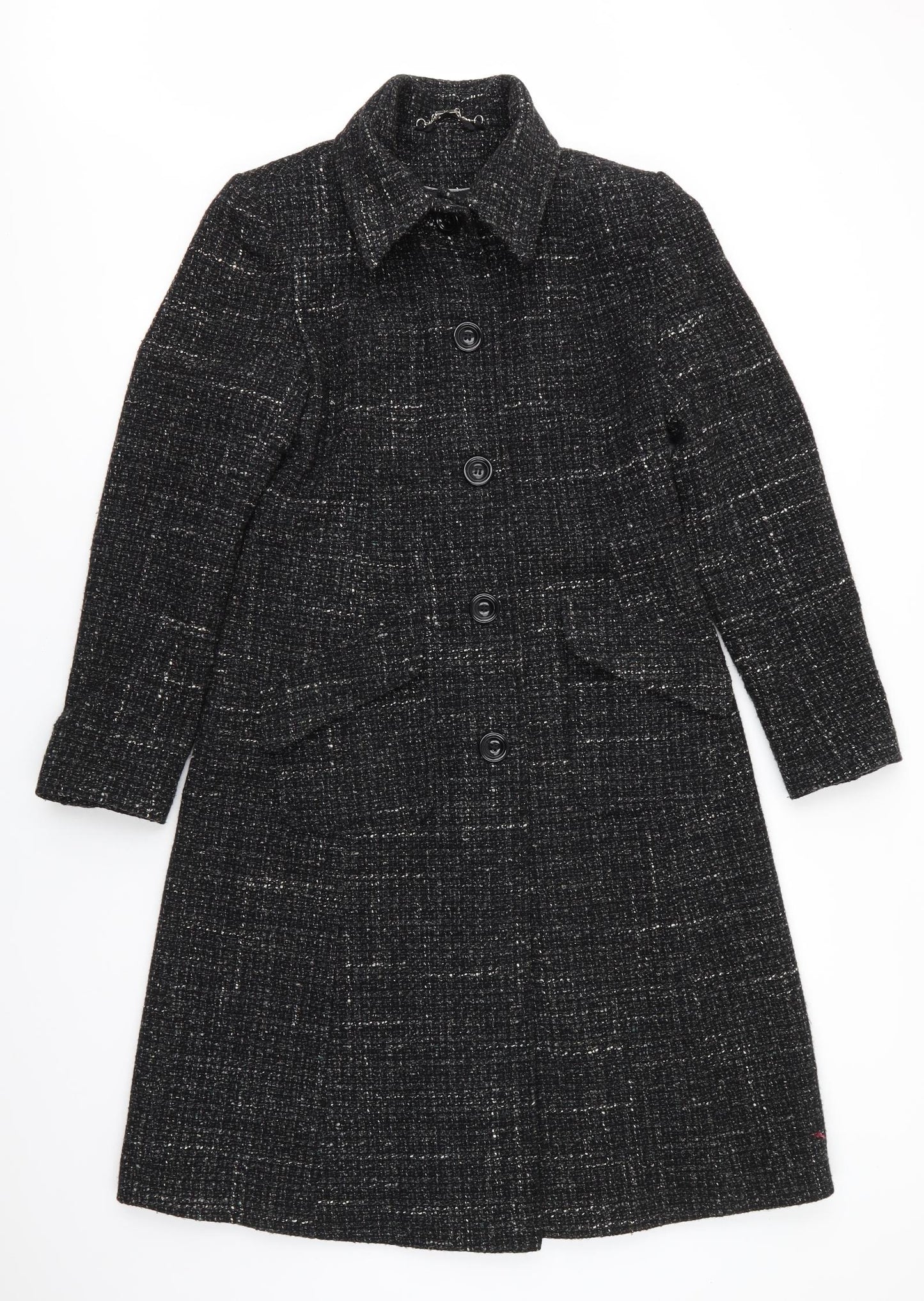NEXT Womens Black   Overcoat Coat Size 12  Button - Black mix Fleck Back Hem vent