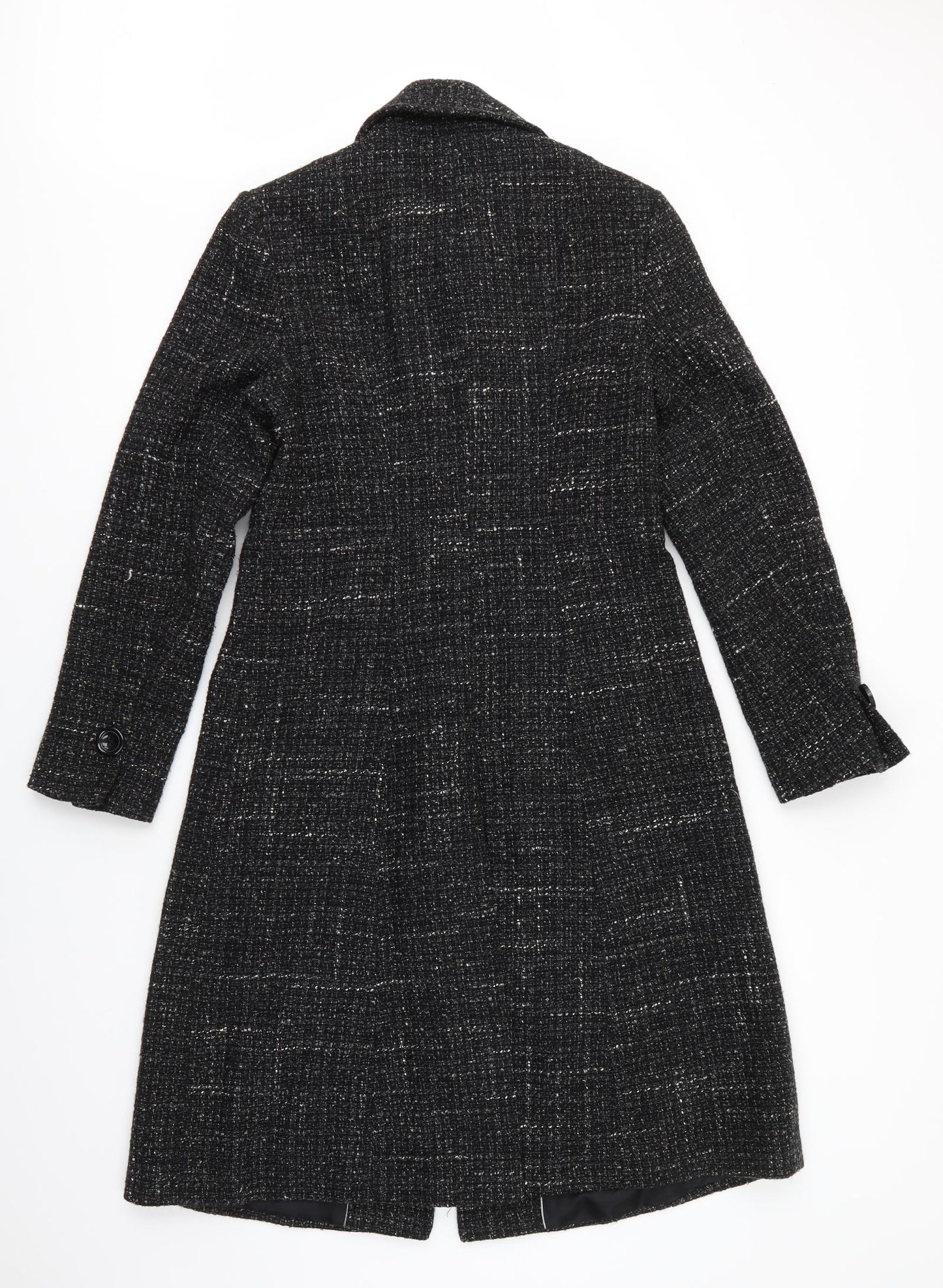 NEXT Womens Black   Overcoat Coat Size 12  Button - Black mix Fleck Back Hem vent