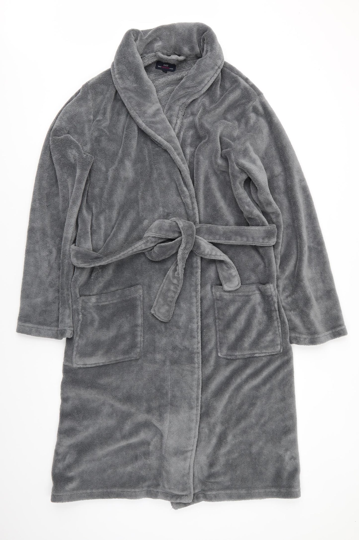 Easy Mens Grey Solid Polyester  Robe Size M  Tie - Mid Grey Lightly fluffy Pockets