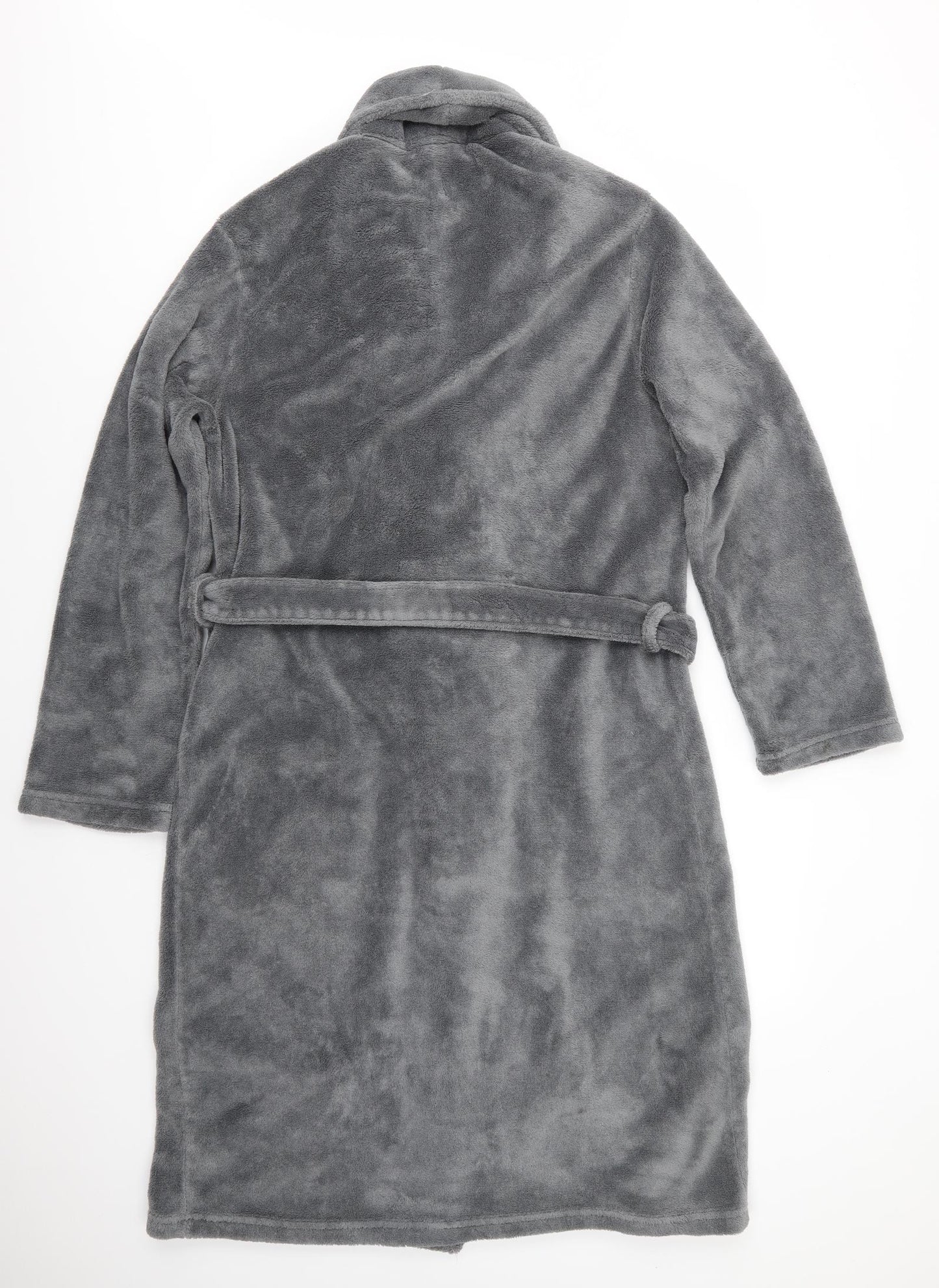 Easy Mens Grey Solid Polyester  Robe Size M  Tie - Mid Grey Lightly fluffy Pockets