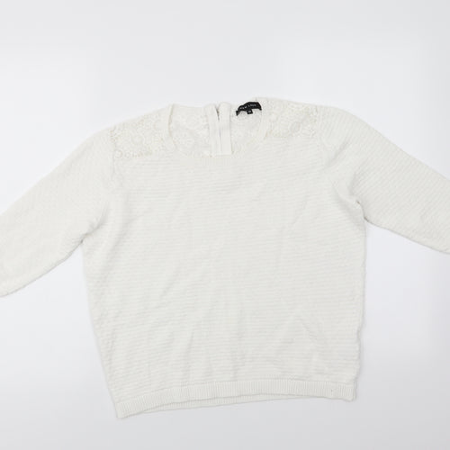 New Look Womens White Round Neck  Cotton Pullover Jumper Size 12   - Shoulder & Back lace panel Back Zip