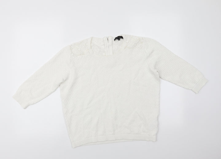 New Look Womens White Round Neck  Cotton Pullover Jumper Size 12   - Shoulder & Back lace panel Back Zip