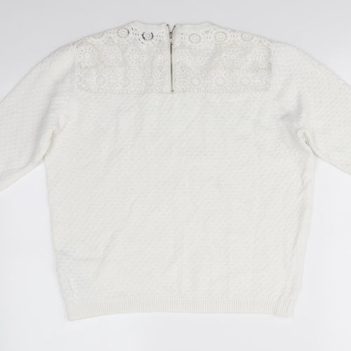 New Look Womens White Round Neck  Cotton Pullover Jumper Size 12   - Shoulder & Back lace panel Back Zip