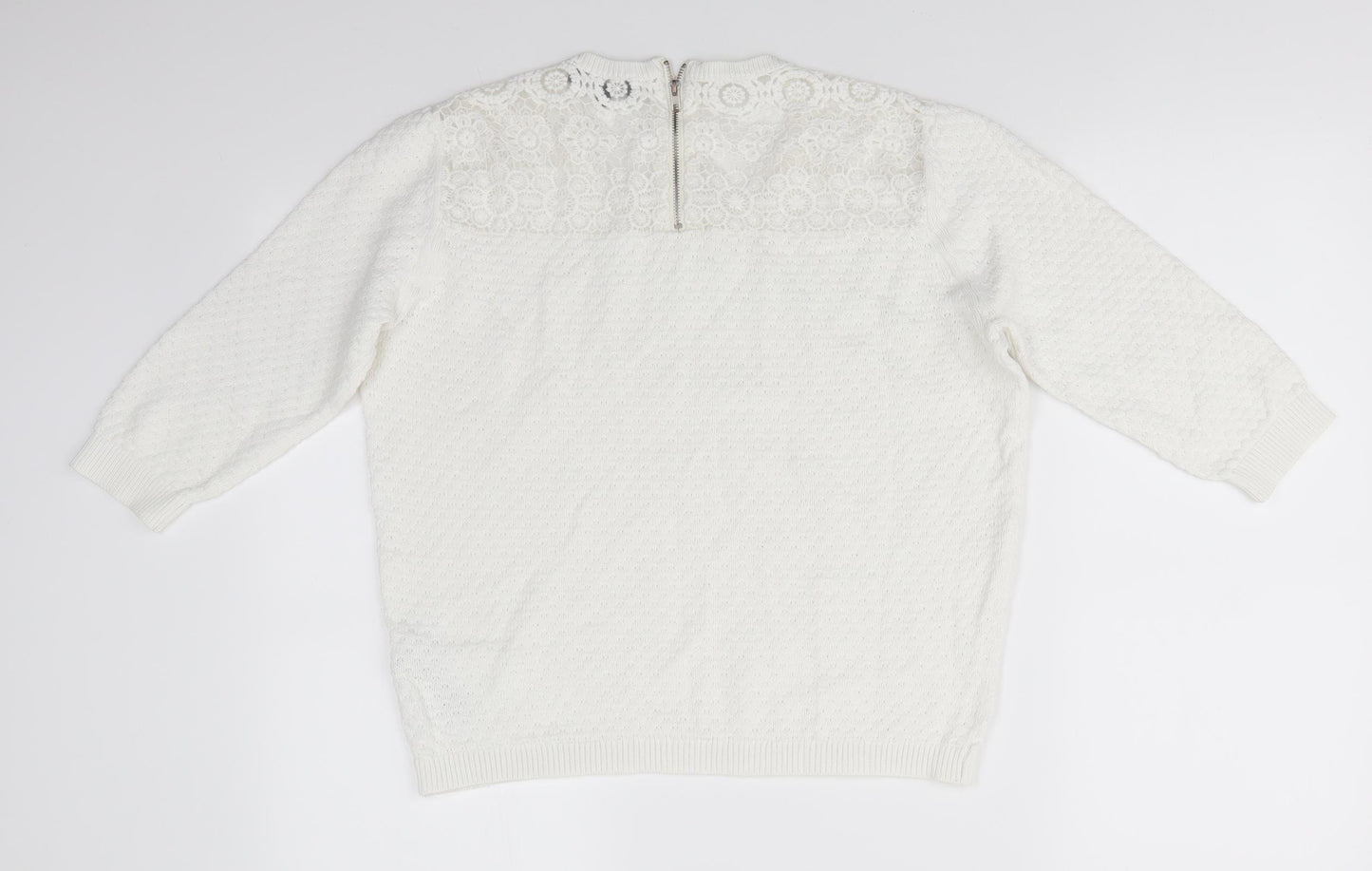 New Look Womens White Round Neck  Cotton Pullover Jumper Size 12   - Shoulder & Back lace panel Back Zip