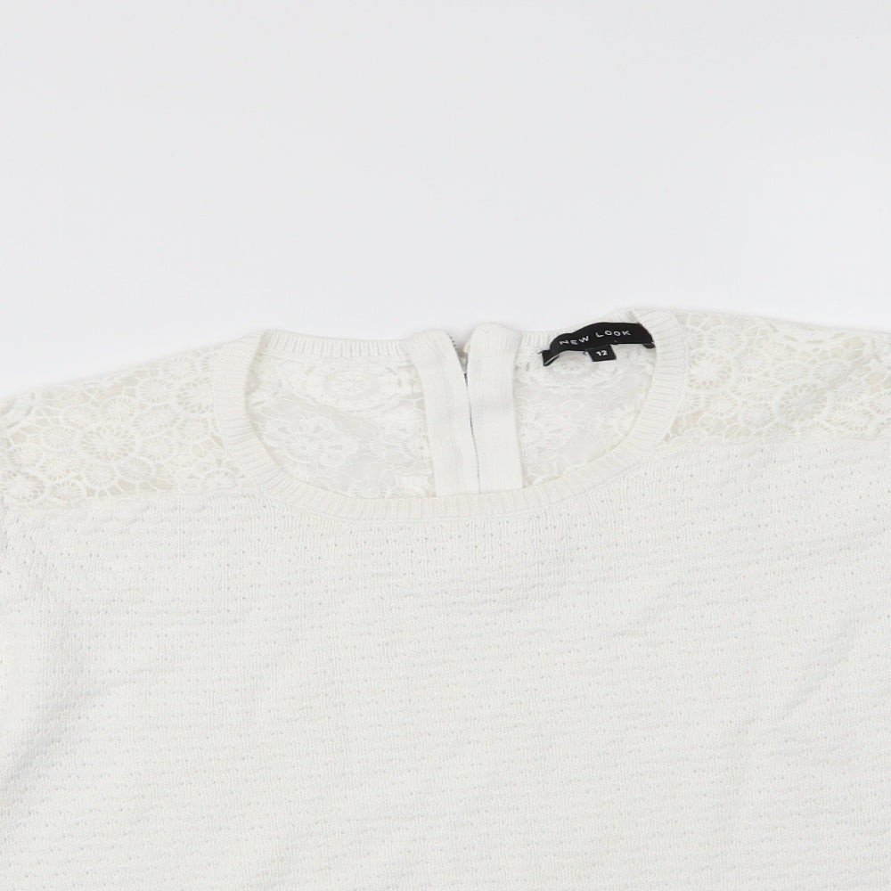 New Look Womens White Round Neck  Cotton Pullover Jumper Size 12   - Shoulder & Back lace panel Back Zip