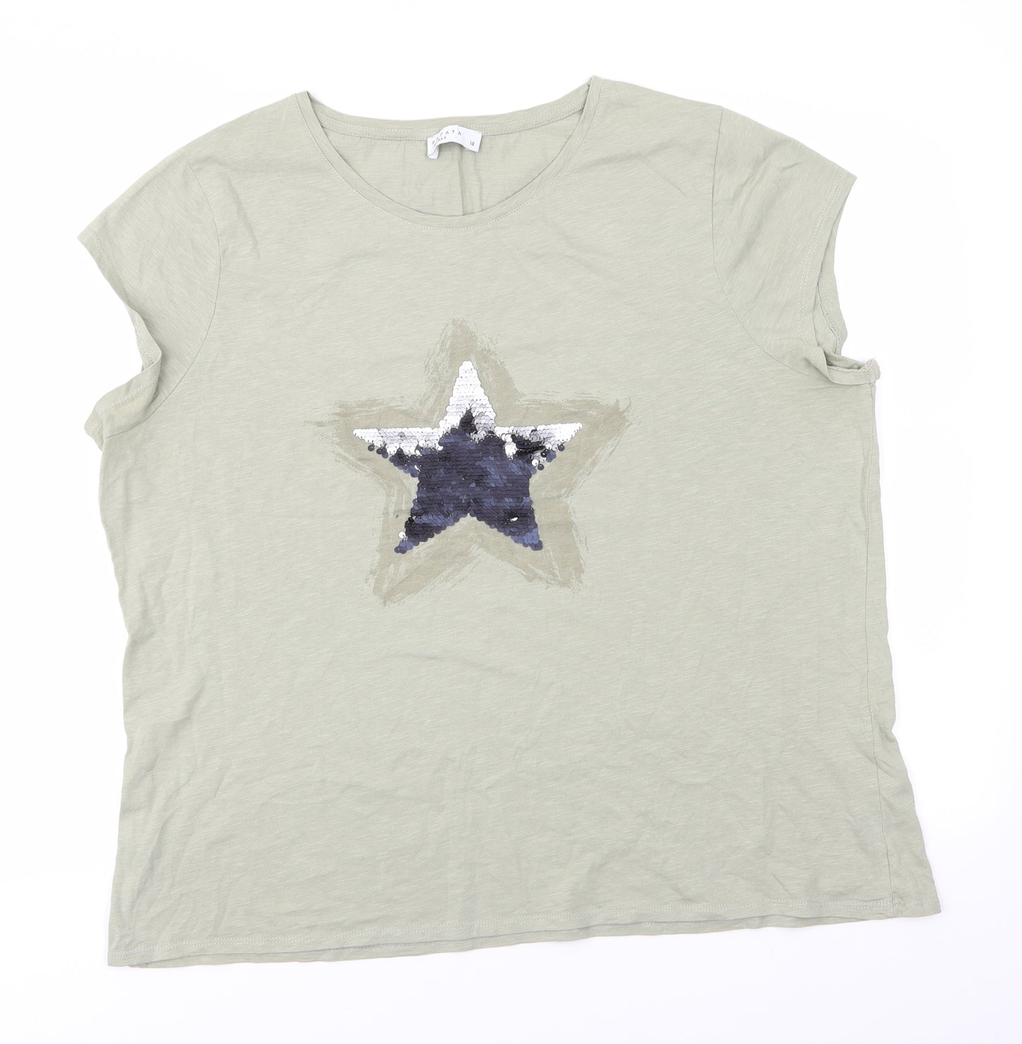 Papaya Womens Green  Cotton Basic T-Shirt Size 18 Round Neck - Willow Green with Sequinned Star