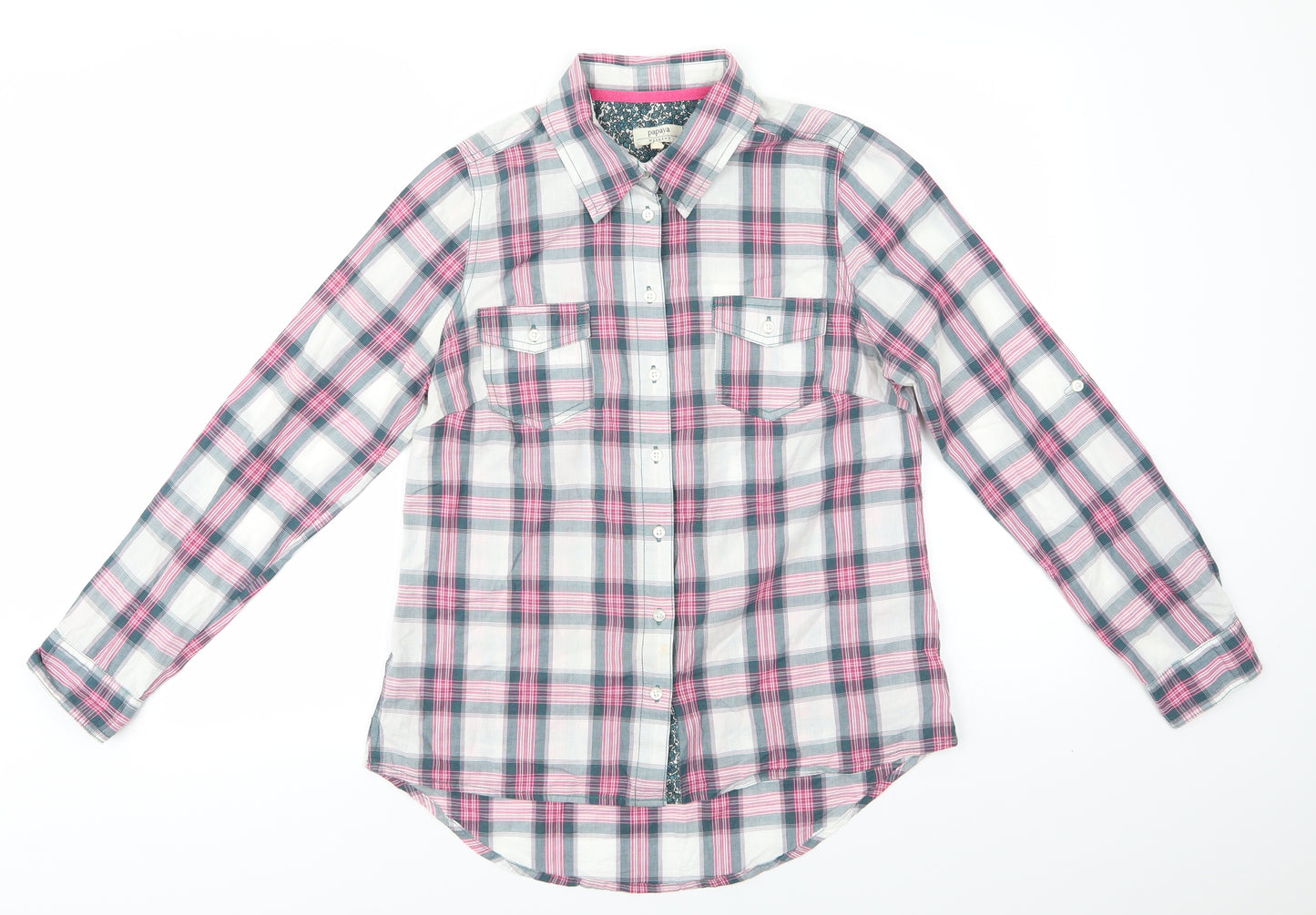 Papaya Womens Grey Check Cotton Basic Button-Up Size 12 Collared - Grey Red White Check Adjustable length sleeves