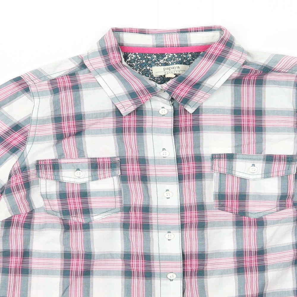 Papaya Womens Grey Check Cotton Basic Button-Up Size 12 Collared - Grey Red White Check Adjustable length sleeves