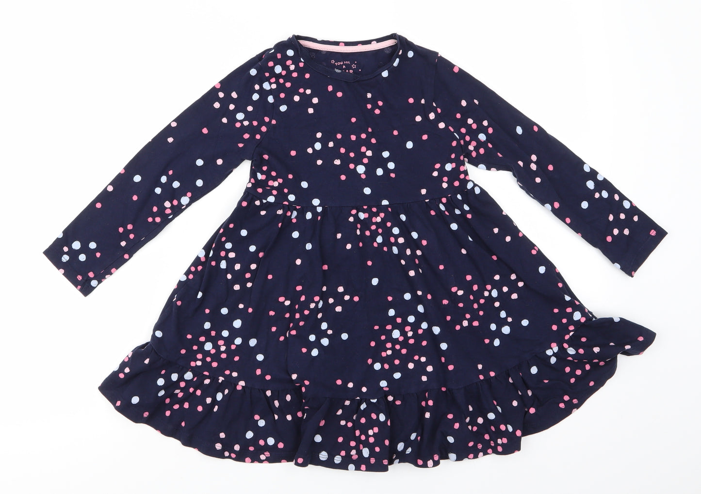 Florence and Fred Girls Blue Polka Dot Cotton Fit & Flare  Size 5-6 Years  Round Neck Pullover - Blue Pink dots Frilled Hemline