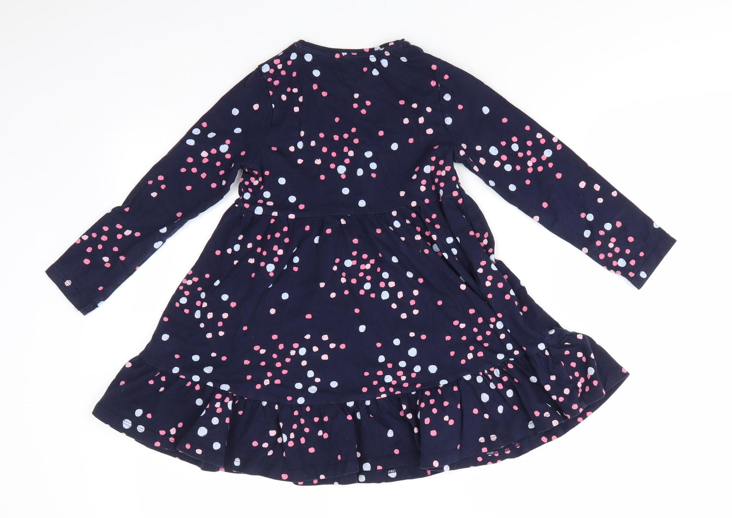 Florence and Fred Girls Blue Polka Dot Cotton Fit & Flare  Size 5-6 Years  Round Neck Pullover - Blue Pink dots Frilled Hemline