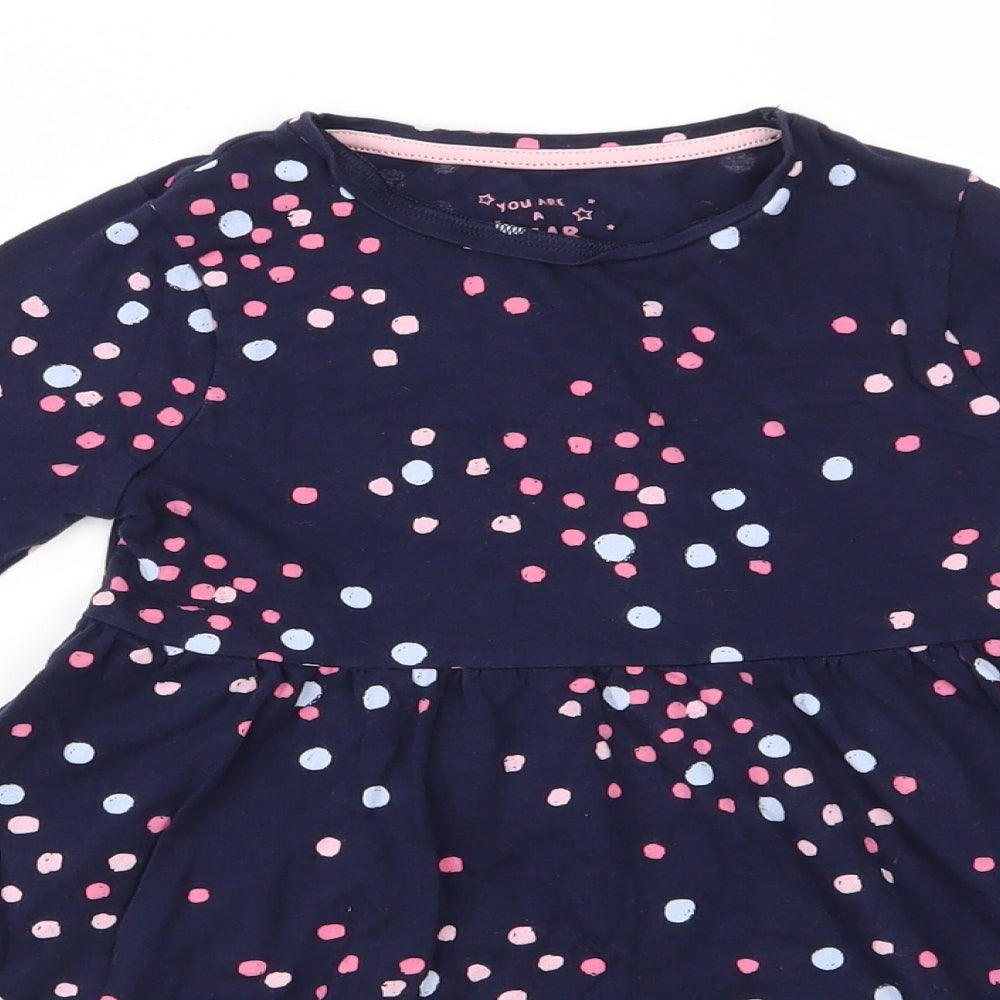 Florence and Fred Girls Blue Polka Dot Cotton Fit & Flare  Size 5-6 Years  Round Neck Pullover - Blue Pink dots Frilled Hemline