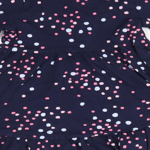 Florence and Fred Girls Blue Polka Dot Cotton Fit & Flare  Size 5-6 Years  Round Neck Pullover - Blue Pink dots Frilled Hemline