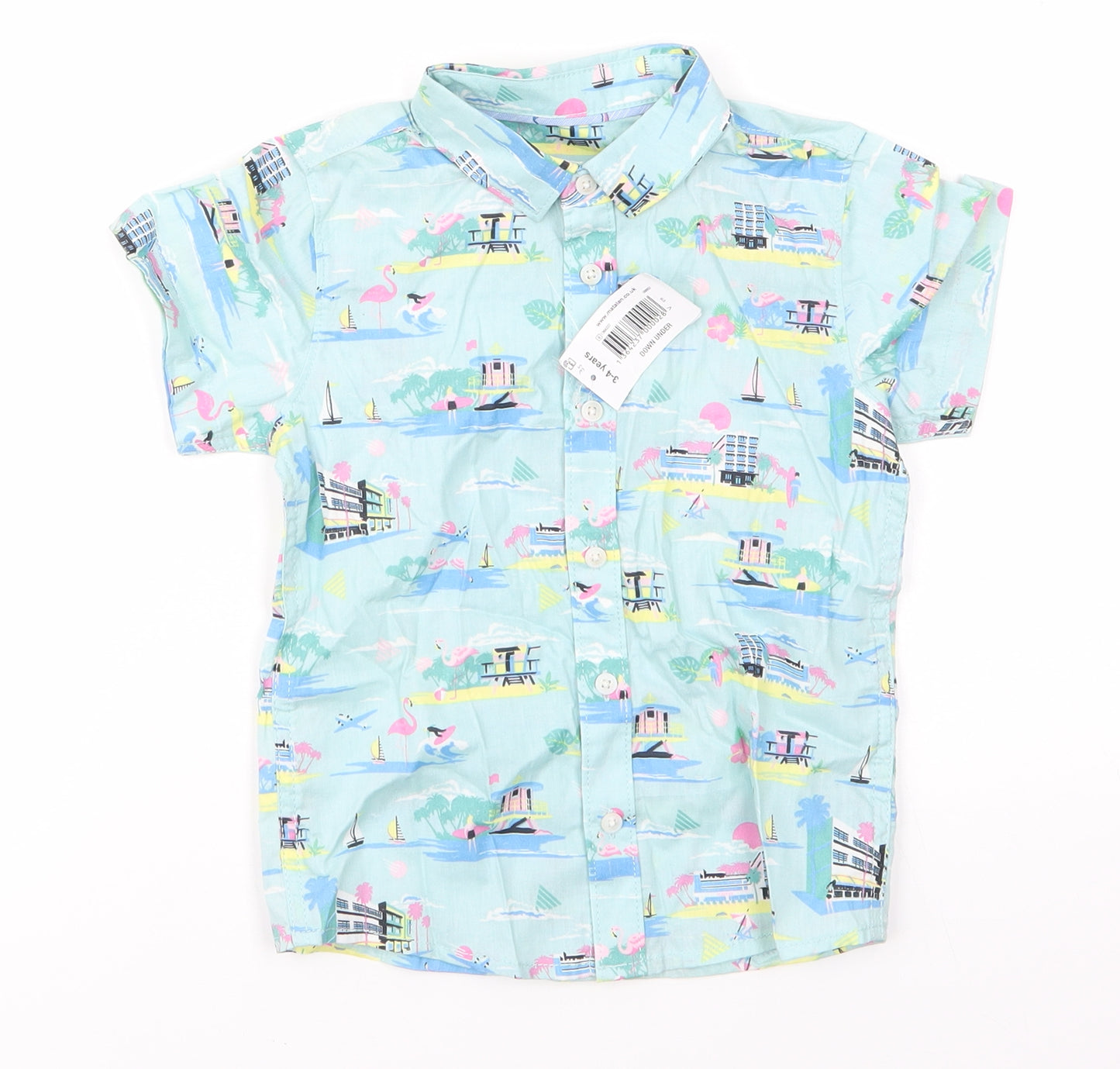 Matalan Boys Green  Cotton Basic Button-Up Size 3-4 Years Collared Button - Flamingos Beach