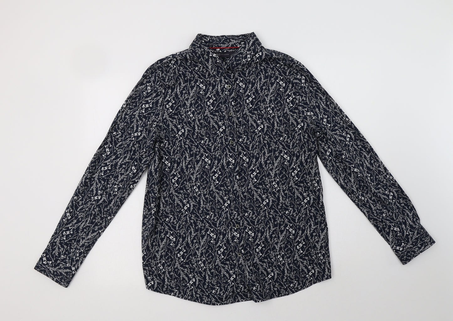 M&S Womens Blue Floral Cotton Basic Button-Up Size 14 Collared