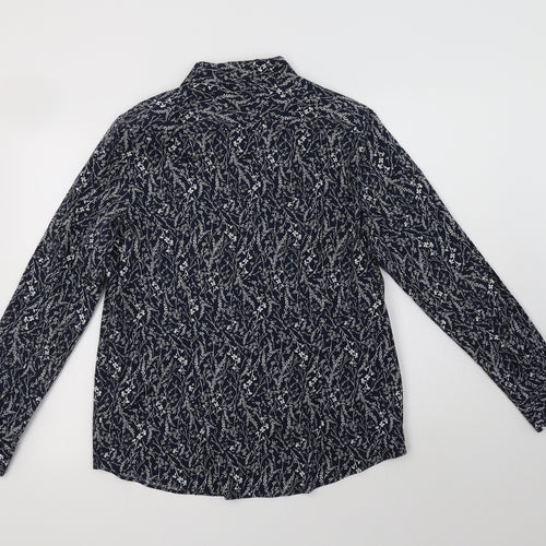 M&S Womens Blue Floral Cotton Basic Button-Up Size 14 Collared