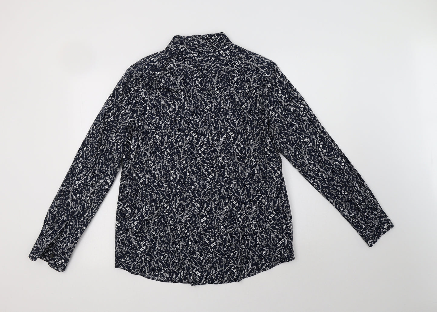 M&S Womens Blue Floral Cotton Basic Button-Up Size 14 Collared