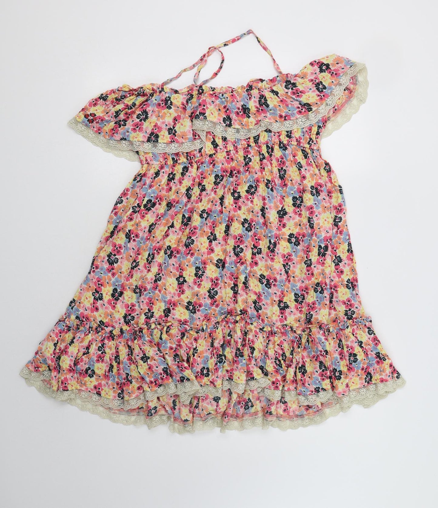 New L:ook Womens Multicoloured Floral Viscose Fit & Flare  Size 16  Off the Shoulder  - Lace Detail