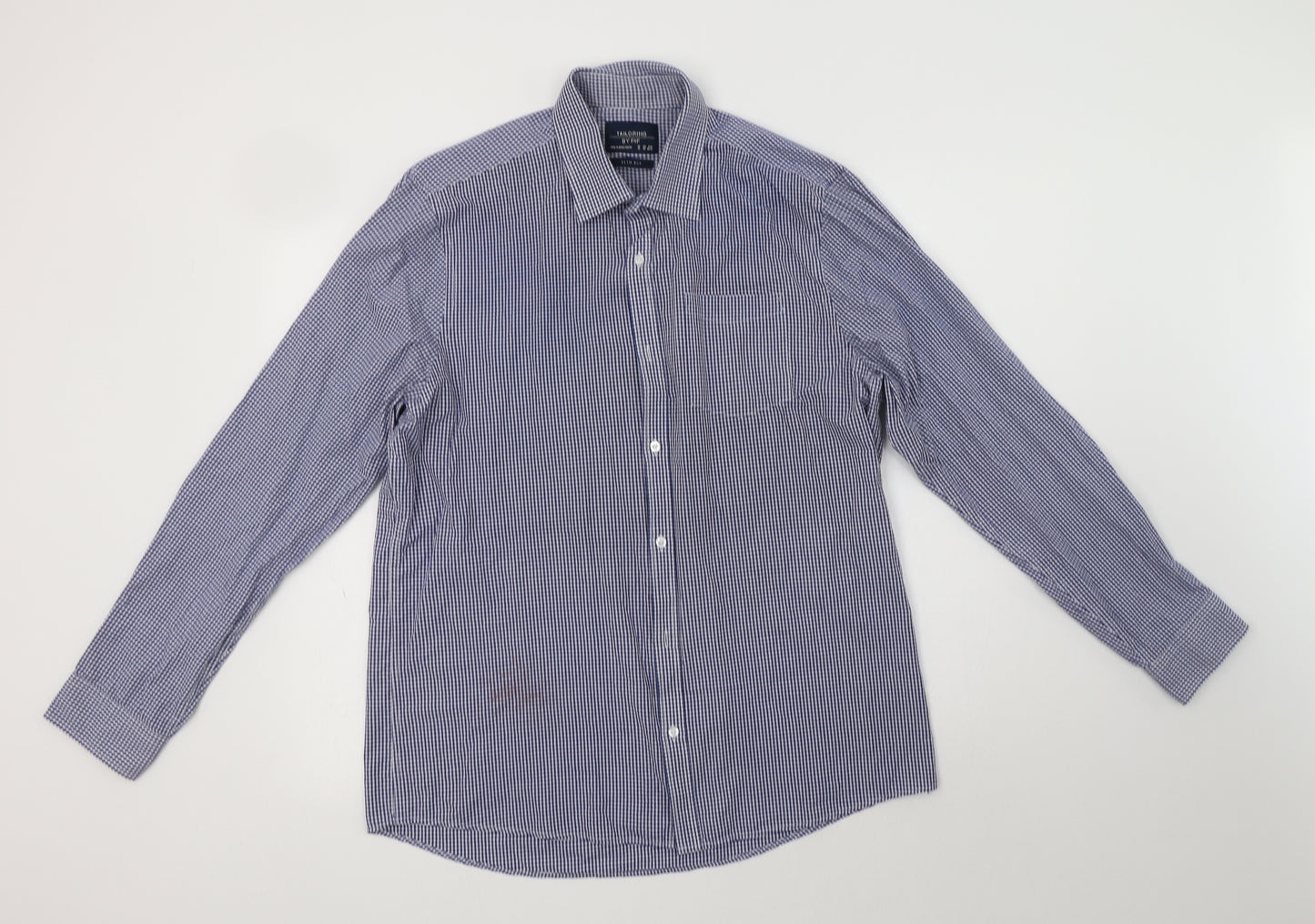 F&F Mens Blue Gingham Cotton  Dress Shirt Size 16 Collared Button