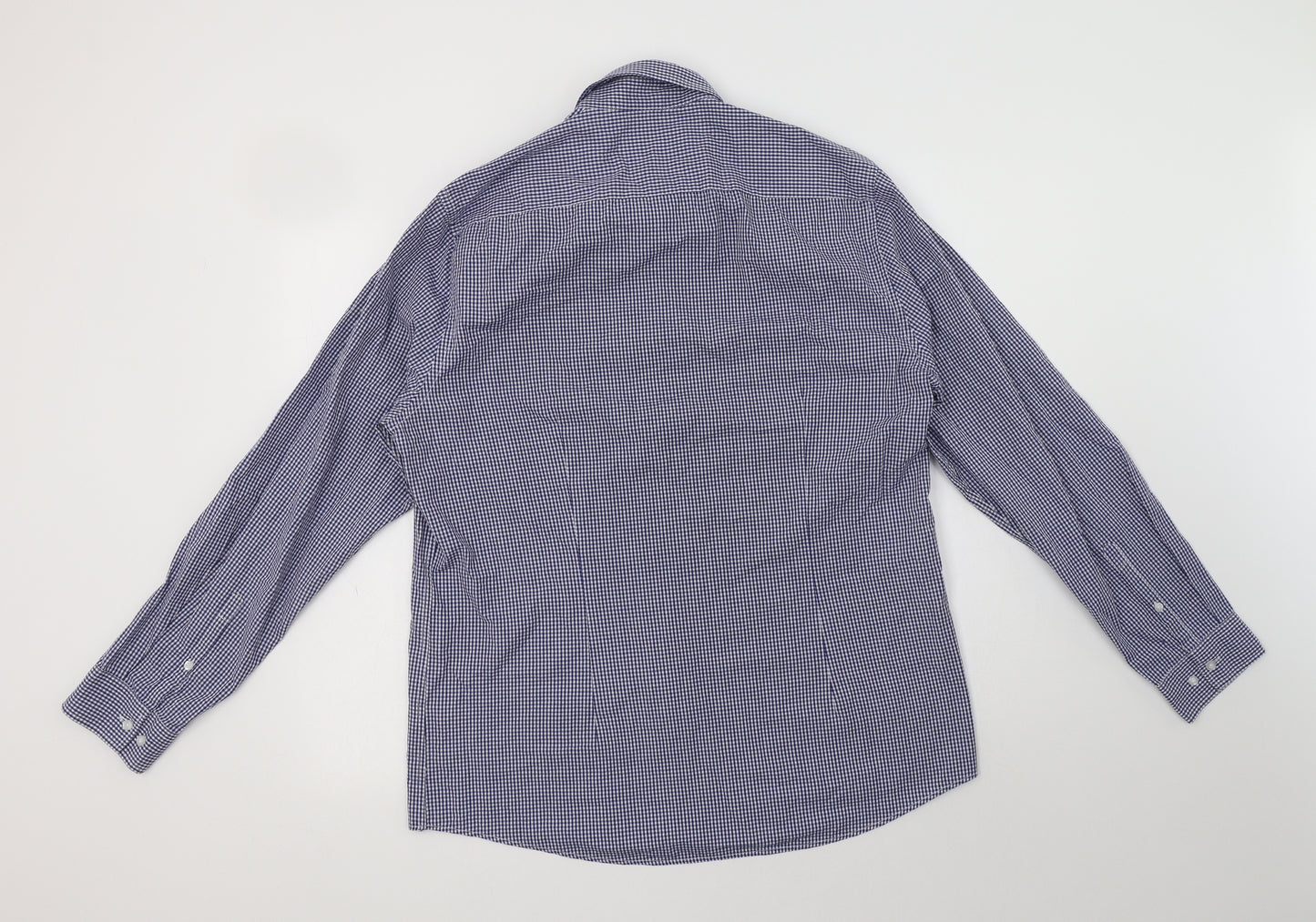 F&F Mens Blue Gingham Cotton  Dress Shirt Size 16 Collared Button