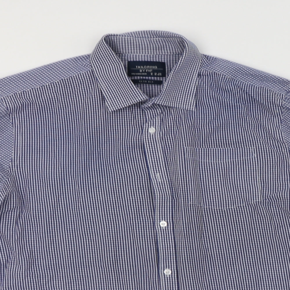 F&F Mens Blue Gingham Cotton  Dress Shirt Size 16 Collared Button