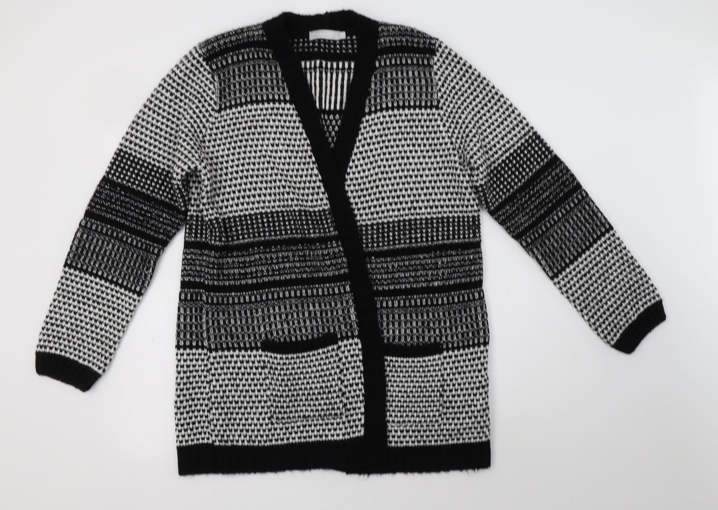 Red Herring Womens Black V-Neck Striped Acrylic Cardigan Jumper Size 16