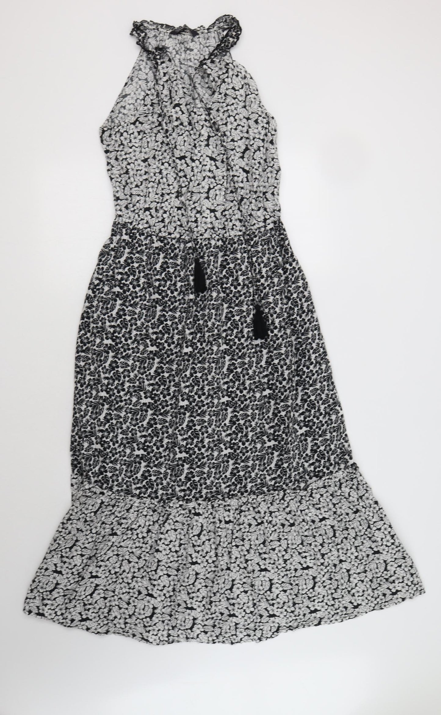 M&S Womens Black Floral Cotton Maxi  Size 12  V-Neck