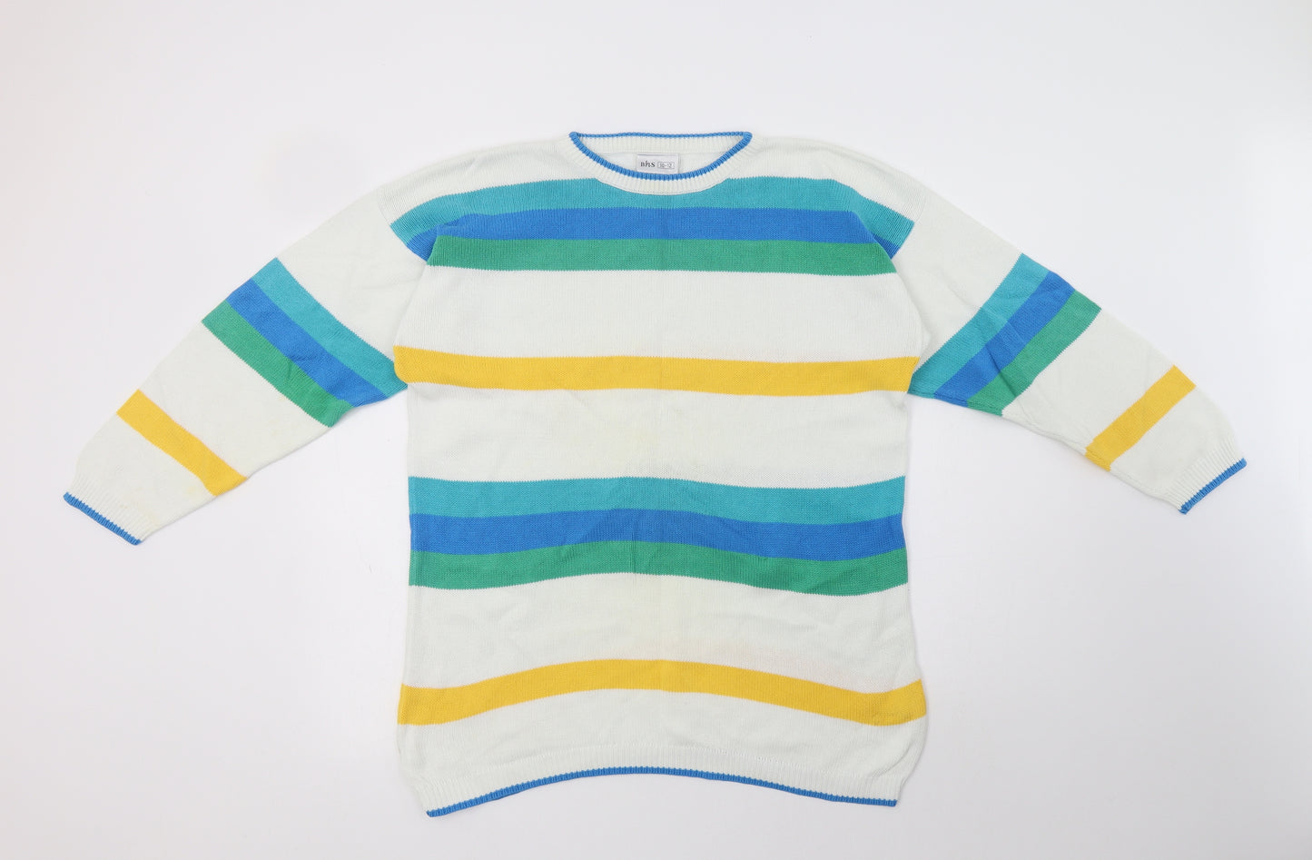 BHS Womens Multicoloured Crew Neck Striped Cotton Pullover Jumper Size 12