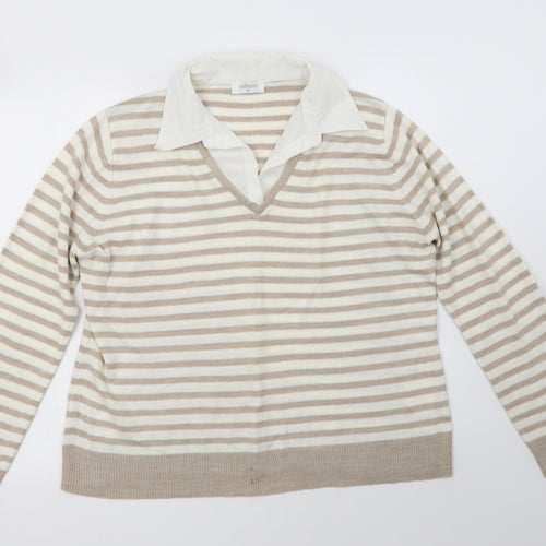Editions Womens Beige Collared Striped Acrylic Pullover Jumper Size 18