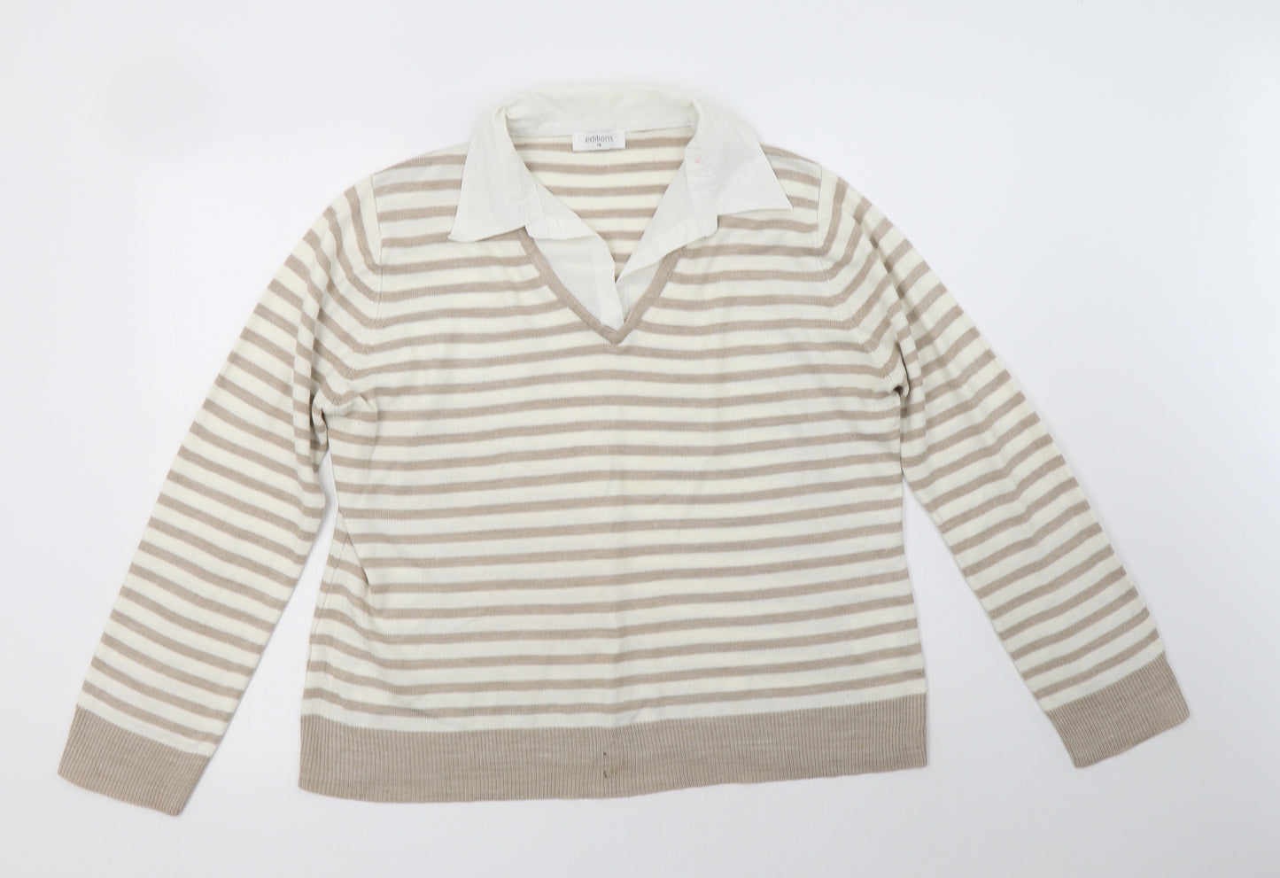 Editions Womens Beige Collared Striped Acrylic Pullover Jumper Size 18