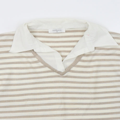 Editions Womens Beige Collared Striped Acrylic Pullover Jumper Size 18