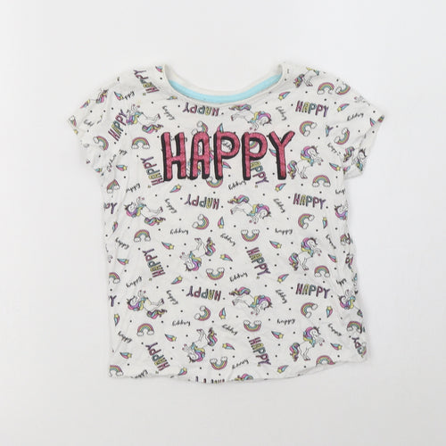 Primark Girls White Geometric Cotton Basic T-Shirt Size 3-4 Years Crew Neck  - Unicorn Print